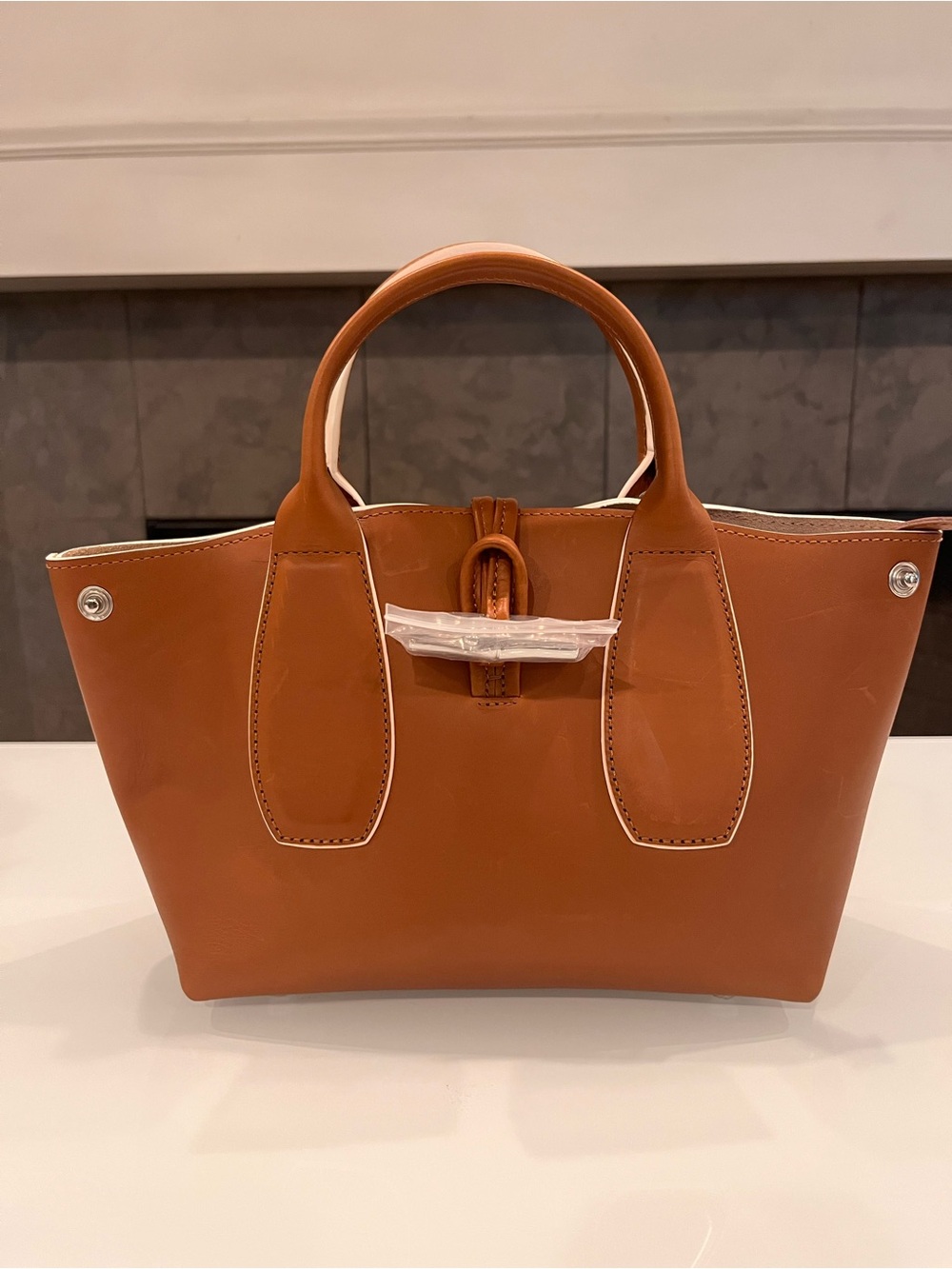 NWOT Longchamp Roseau Small Leather Top Handle Crossbody Bag Cognac w/ Dust Bag - Picture 2 of 9